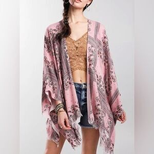 Buckle Gimmicks Wide Arm Kimono Shawl Fringed Hem Size L